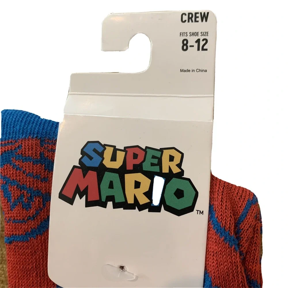 Nintendo Super Mario Mens Socks Crew 10-13 Fits Shoe 8-12 New with Tags Red Blue